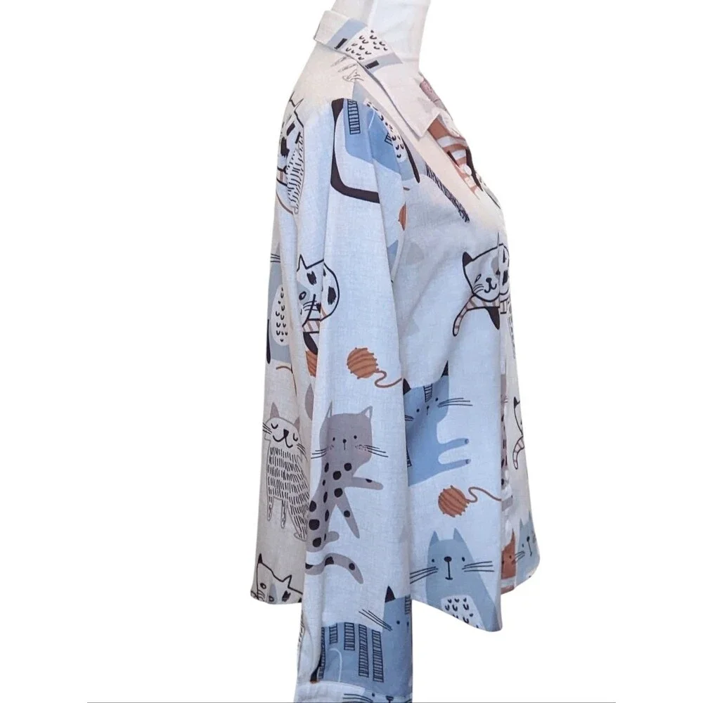 Cat Button-Down Shirt White Blue Brown Novelty Fun Medium